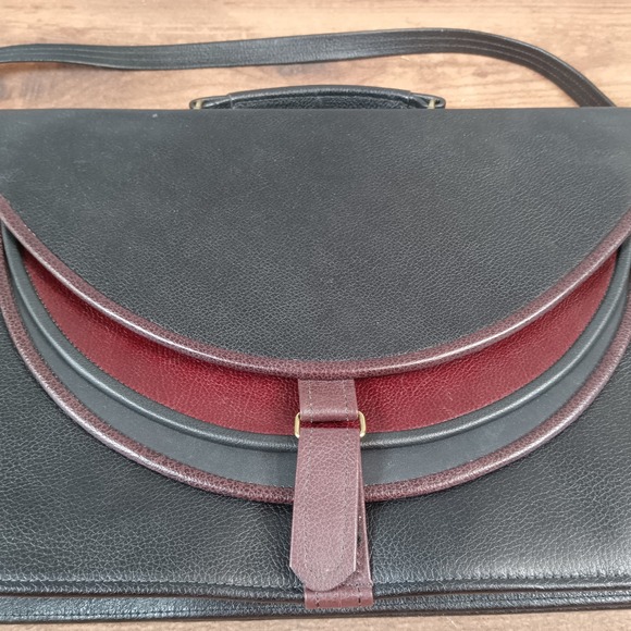 Vintage Tri-Color Leather Briefcase Messenger Bag Black Burgundy Gold Hardware - Picture 2 of 12